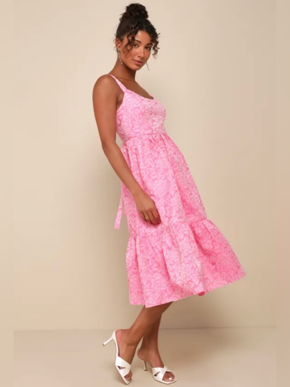 Lulus Spanish Getaway Pink Floral Lace-Up Midi Dress With Pockets Size XL - Picture 4 of 10